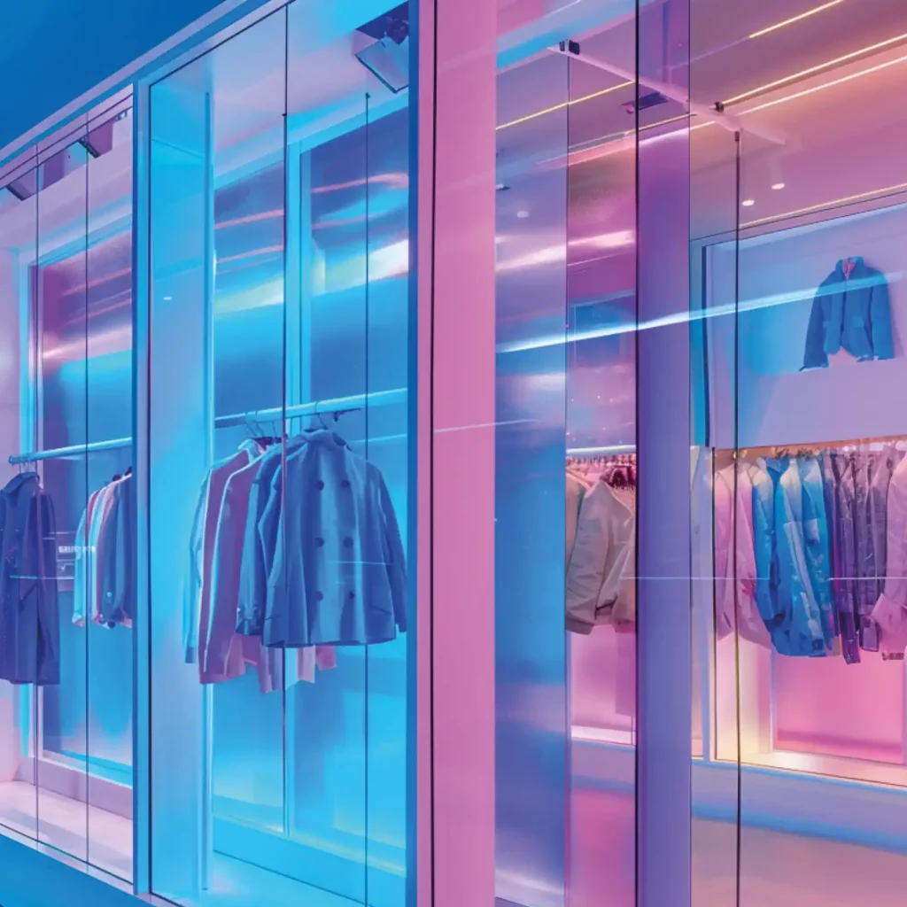 Dichroic colour shift film, DB100 Freeze Blue, applied to a retail store front windows with an eye-catching, cool blue, futurtistic, stunning effect.