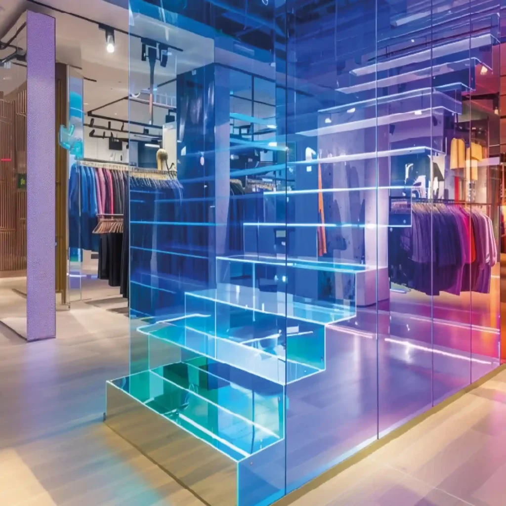 DB100 Freeze Blue holographic looking dichroic/colour shifting self-adhesive window film applied to a clear staircase inside a retail store, providing a super futuristic look as the trsnlucent tinted blue coloured hues change across the film as the angle of light transmission changes in relation to the viewer; from darker blue, through cyan hues to pale blue, giving a uniquely interesting blue tinted ambience to the set of stairs.