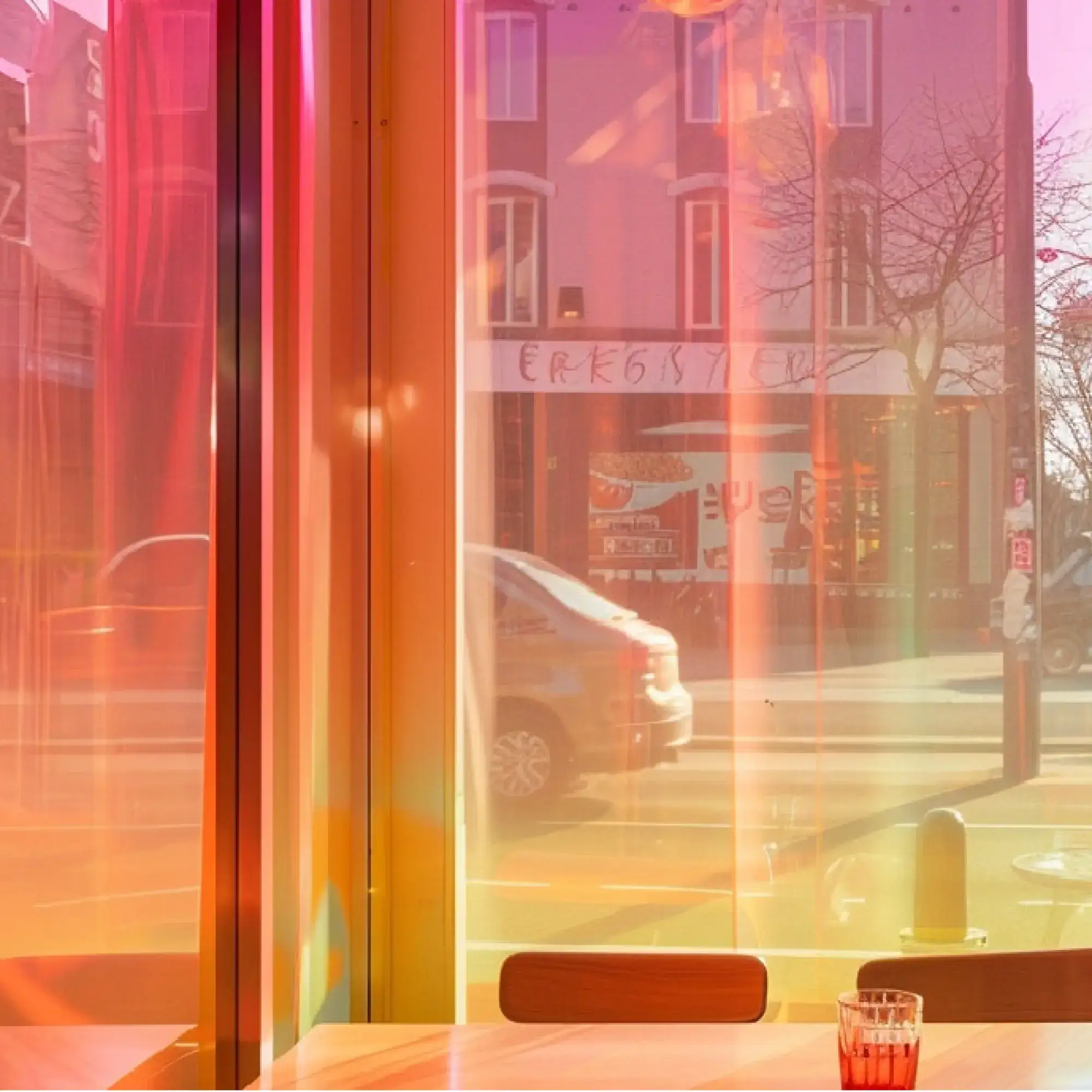 RB100 Fire Red dichroic/colour shifting self-adhesive window film decor film covering a large coffee shop glass store front providing a futuristic tinted colour across the film as the angle of light transmission changes in relation to the viewer; from magenta/red, through orange hues to sunset yellow, giving an interesting, colourful tinted ambience to the entire room.