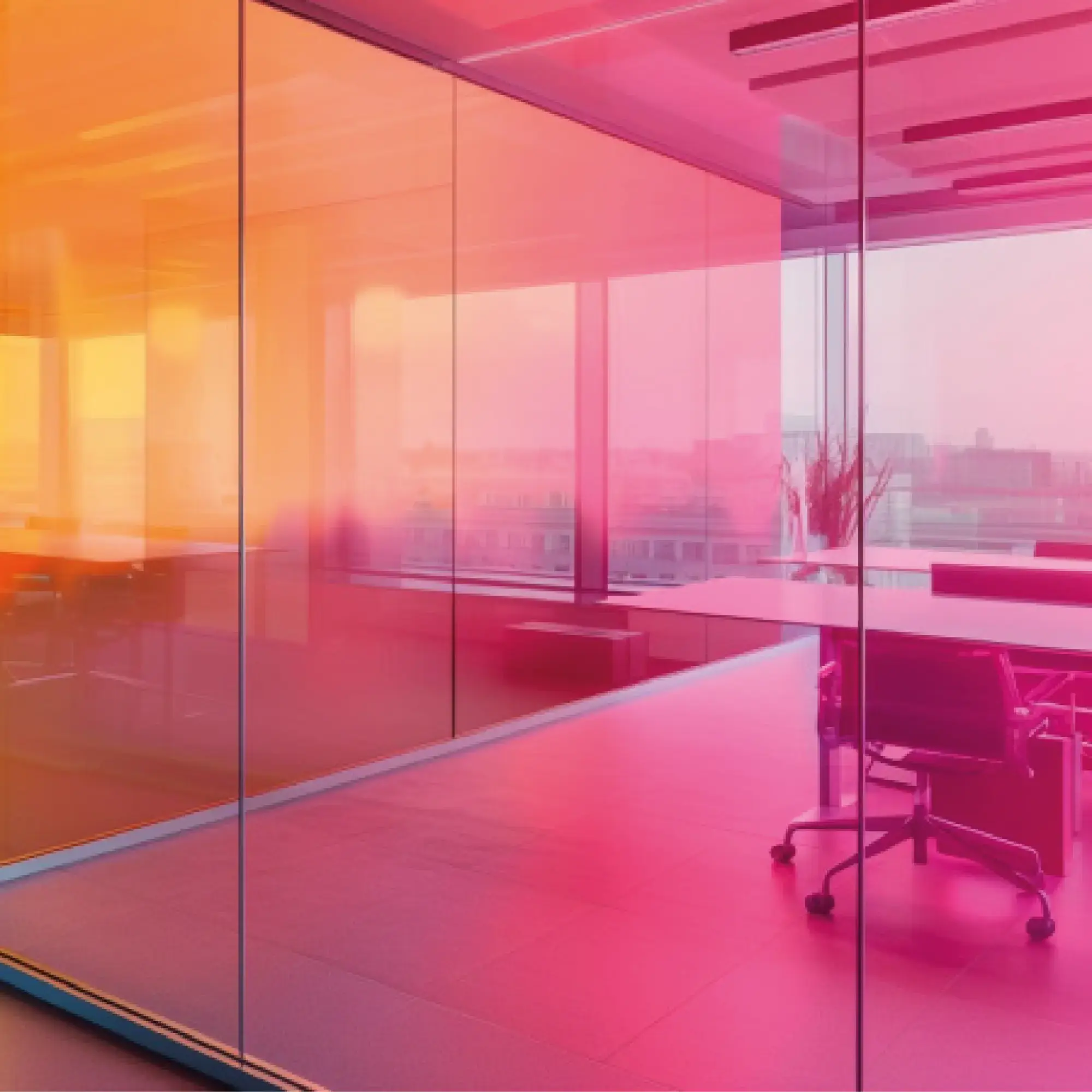 RB100 Fire Red dichroic self-adhesive colour change window film decorating a glass office partition wall, with a beautiful colour-shift across the film as the angle of light transmission changes in relation to the viewer; from sunset yellow, through orange hues to magenta/red giving an interesting, futuristic red tint to the entire room.