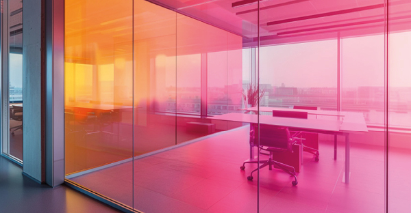 Dichroic Fire Red self-adhesive window film translucent shimmering colour tints on an internal office window adding ambience and transforming an ordinary work space into something warm, calming and interesting.