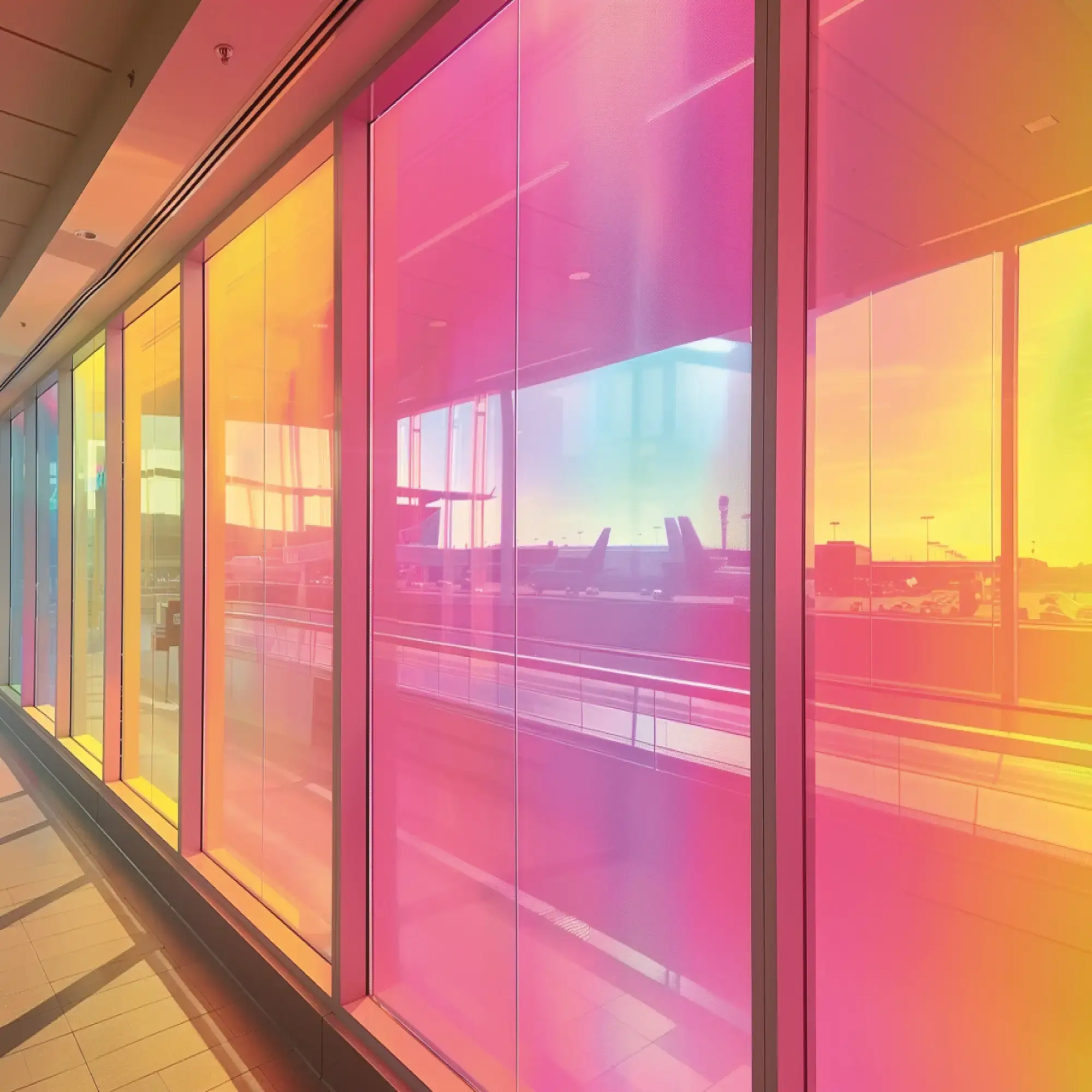 Dichroic self-adhesive colour change film, RB100 Fire Red applied along the full extent of a large decorative airport lounge viewing window, shifting colours from sunset yellow, through orange hues to pinky red as the angle of the light changes in relation to the viewer, giving a warm coloured tint to the entire room.