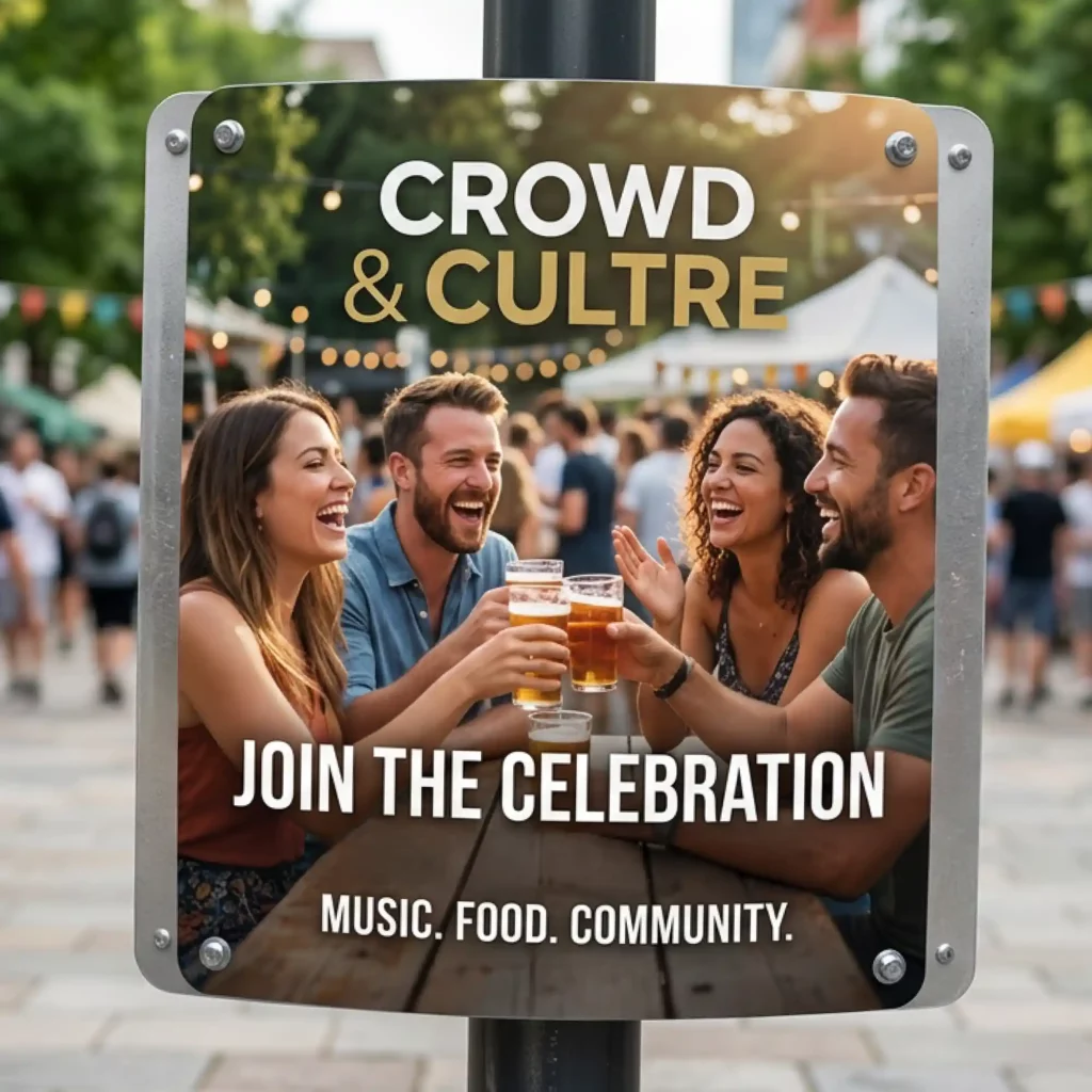 Outdoor advertising signage featuring a printed long term promotional graphic showing a group of friends enjoying outdoor drinks at a busy venue.