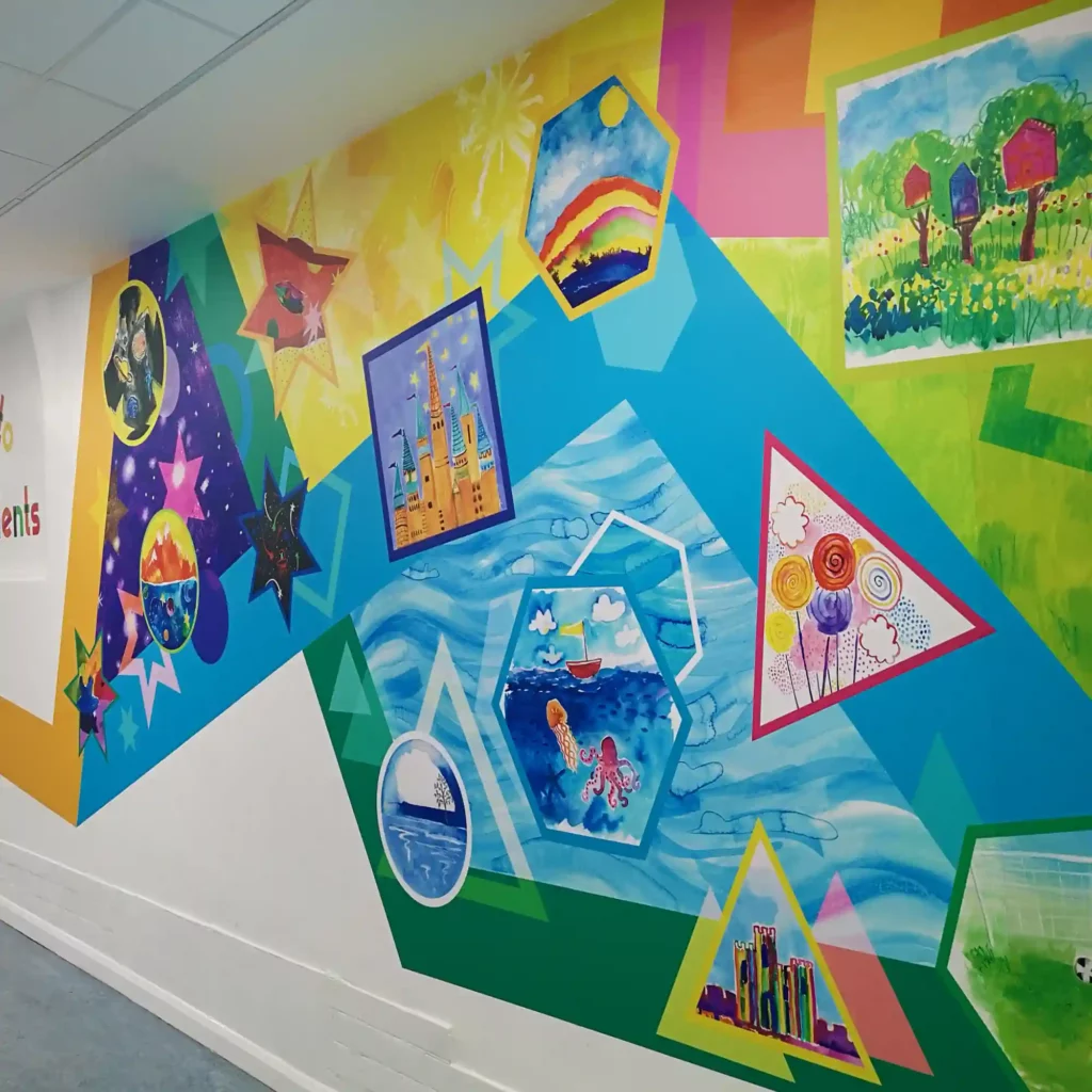 Mid-term self-adhesive hospital wall graphic laminated with DigiGUARD TU3-70 matt textured laminating film suitable for digital printed UV inks.