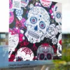 A digitally printed clear window cling film, ClingSil Clear CSC130, printed with a detailed skull graphic rendered in CMYK with white ink underlay. The design combines vibrant color with opacity control, allowing the skull image to stand out boldly against glass surfaces while maintaining visibility and light transmission.