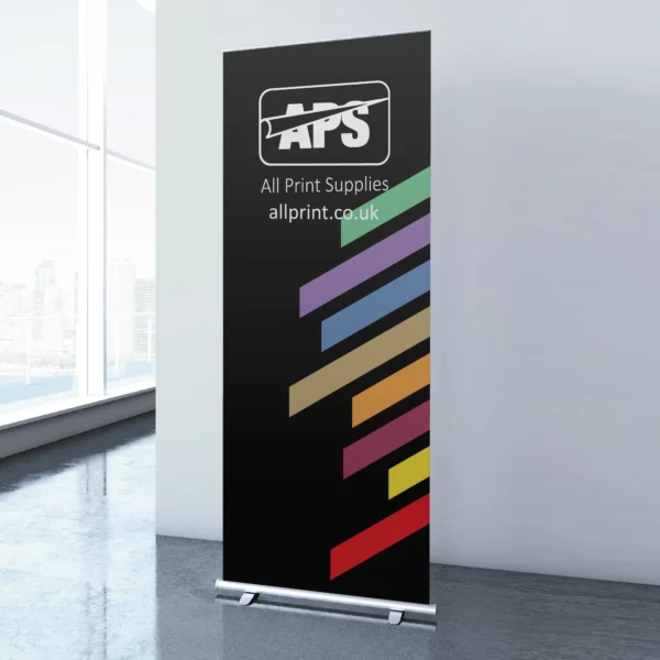 Textured White PVC/PET hybrid roll-up display print film, DISPLAY301 with a grey light stop backing installed in situ in an office environment with APS company branded display graphics.