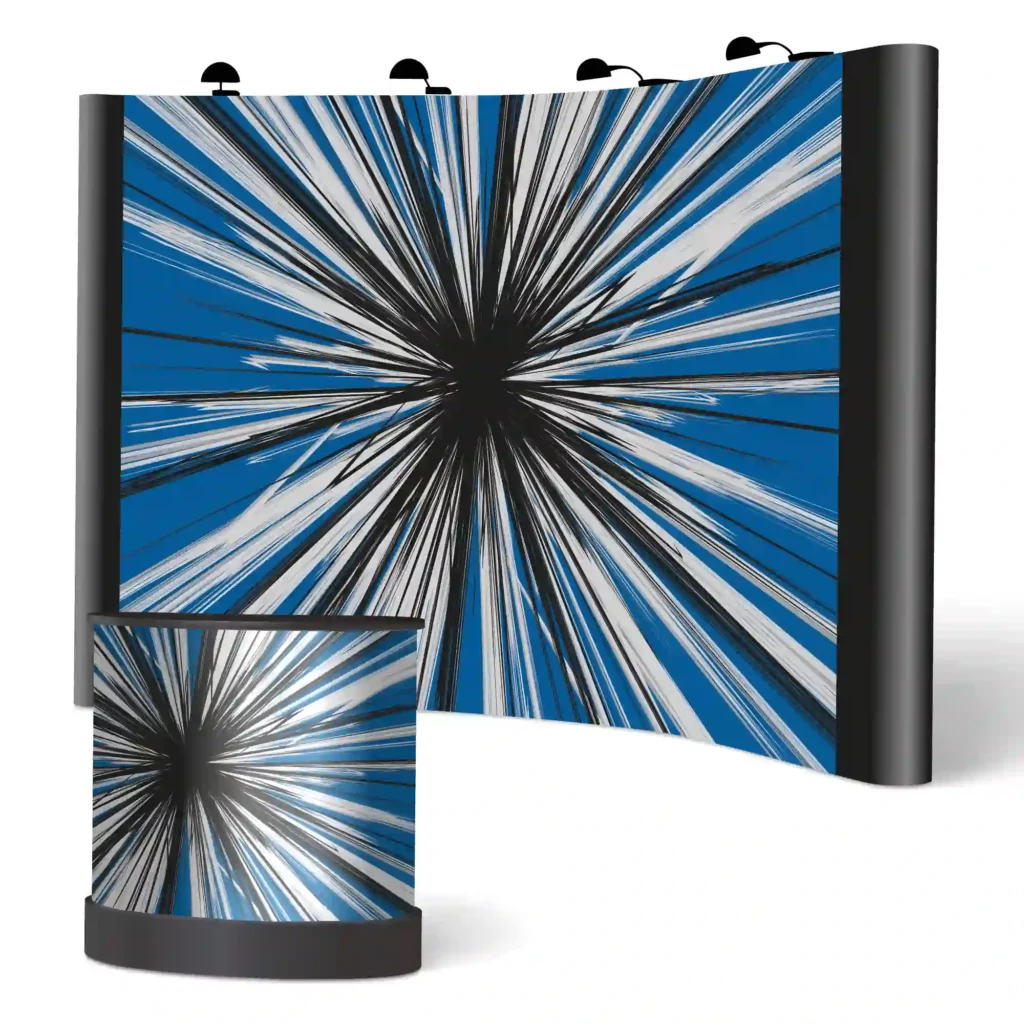 DIGIPRINT DISPLAY501 white textured PVC/PET hybrid print film for pop-up display graphics is shown here digitally printed with the DigiPRINT brand imagery of blue and black line work of flash, bang, wallop art and all installed on the top lit pop-up graphics stand and the storage case/desk is positioned out in front of the banner.