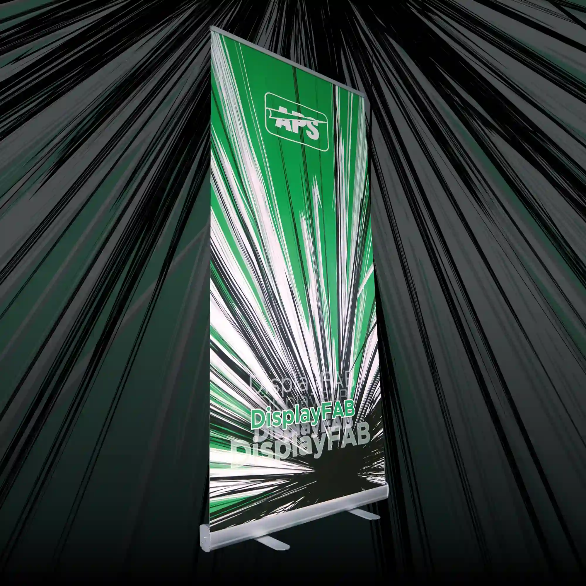 DigiPRINT DisplayFab non-PVC print fabric for eco-friendly roll-up displays is pictured in a pull-up banner stand with brand logos and product imagery of green and black explosive vector flash artwork set against a darkened background.