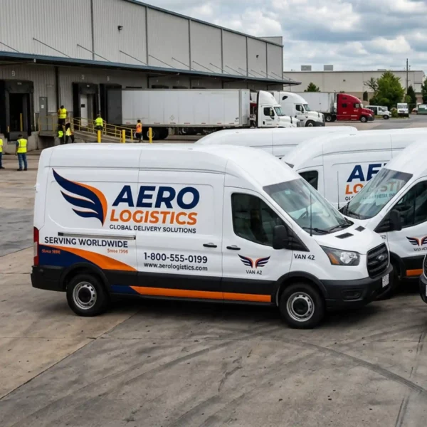 Fleet of white commercial vans with professionally printed branded vehicle graphics, parked outside a logistics warehouse.