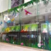 A retail storefront window features a vibrant, full-color graphic of tropical birds perched among lush green foliage, printed on ultra-clear vinyl. The image appears almost as if it's floating on the glass, thanks to the DigiPrint DS3054R, known as the clearest print vinyl for windows. The vivid hues of the jungle scene stand out brilliantly, while the transparent background allows natural light to filter through. This seamless, high-impact design draws attention without obstructing visibility, making it ideal for retail display windows.