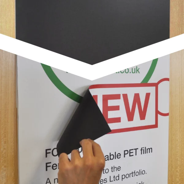 DigiPRINT FCP200 satin white ferrous PET, easy and fast to apply display print material for quick-change graphics and premium display advertising is so simple for non-professional installers to change over old imagery, as anyone can easily remove the older/previously situated poster print from the magnetic wall background and also layer up different elements of the film on top of each other to create their own wall display advertising... ideal for retail environments where mess-free and speed of change is an important factor for interior signage.