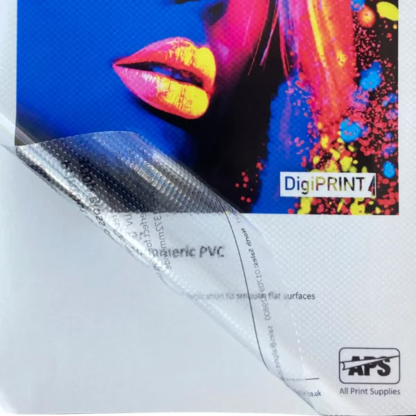 DigiPRINT PrintDot Gloss Clear easy-apply dot pattern self-adhesive film is shown here as a printed sample with a generous corner of the film peeled back to expose the innovative repositionable dot-adhesive that allows for professional, quick, bubble-free applications to be easily achieved by non-professional installers!