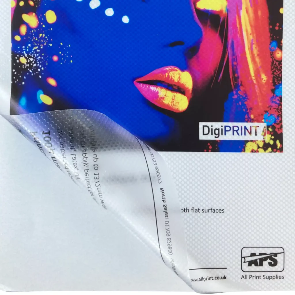 DigiPRINT PrintDot Matt Clear easy-apply dot pattern self-adhesive film is shown here as a printed sample with a generous corner of the film peeled back to expose the innovative repositionable dot-adhesive that allows for professional, quick, bubble-free applications to be easily achieved by non-professional installers!