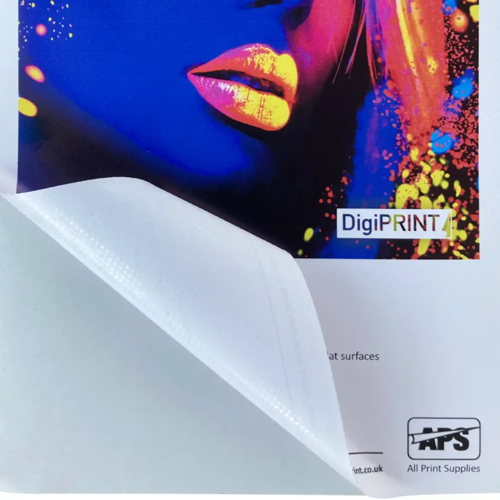 DigiPRINT PrintDot Matt White easy-apply dot pattern self-adhesive film is shown here as a printed sample with a generous corner of the film peeled back to expose the innovative repositionable dot-adhesive that allows for professional, quick, bubble-free applications to be easily achieved by non-professional installers!