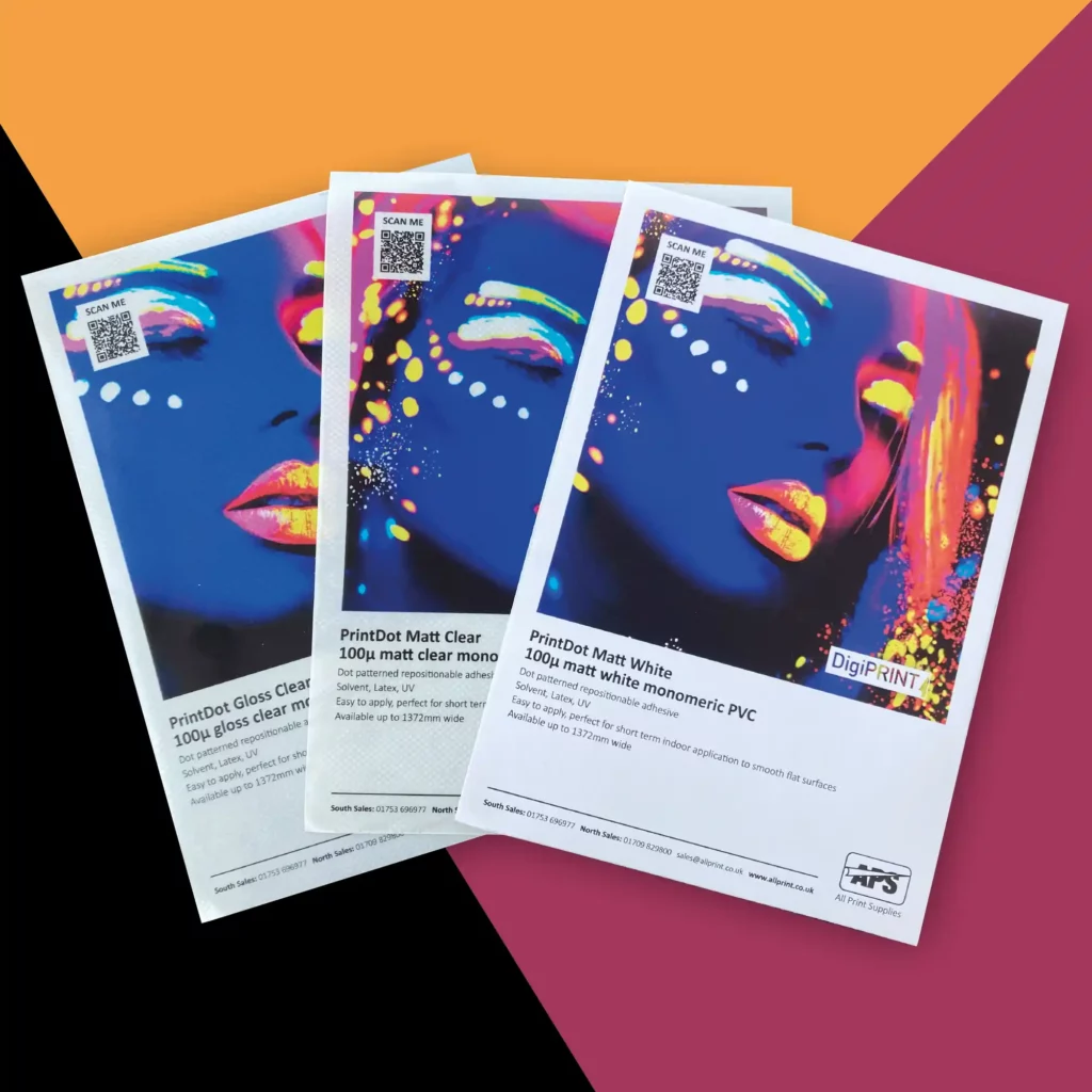 The DigiPRINT PrintDot range of Matt White, Matt Clear and Gloss Clear self-adhesive print films with dot-patterned self-adhesive for easy to apply and repositionable graphic applications onto smooth and flat surfaces are pictured here side by side, highlighting their excellent printed colour qualities.