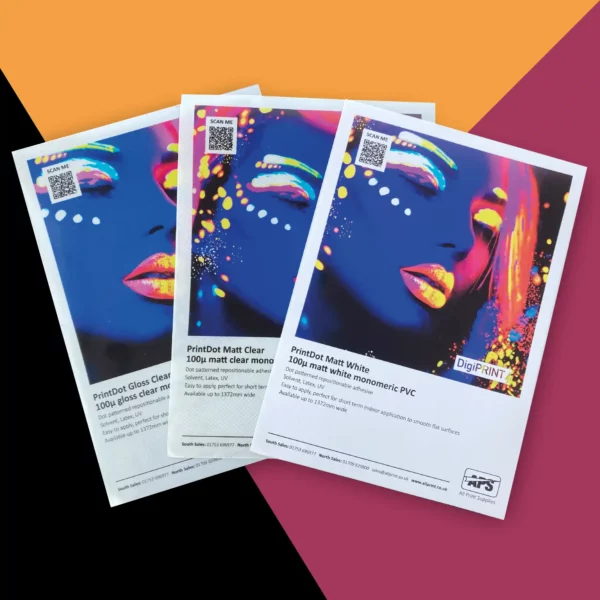 The DigiPRINT PrintDot range of Matt White, Matt Clear and Gloss Clear self-adhesive print films with dot-patterned self-adhesive for easy to apply and repositionable graphic applications onto smooth and flat surfaces are pictured here side by side, highlighting their excellent printed colour qualities.