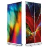 DigiPRINT V-Flat Double 320 shown with both sides of the roll-up banner media printed and installed upright into a banner graphics stand - the front side view os shown on the left and the view of the reverse-side on the right of the image with the pull-up bungee pole visible in-front of the back-print.