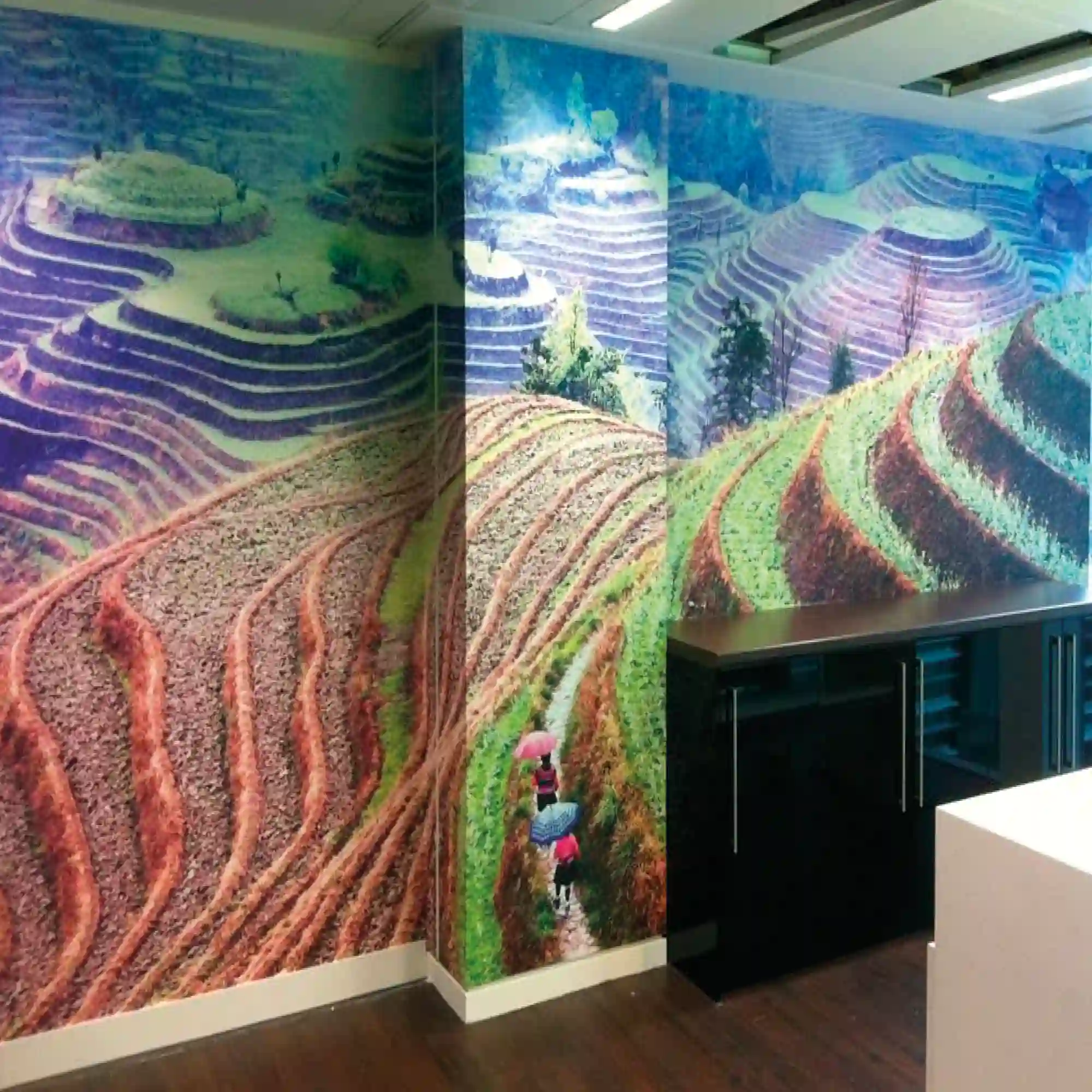DigiPrint WallVision TSWT14 textured printed wallpaper printed with a photo of a scenic tea plantation with terraced steps - this printable wallcovering is ideal for creating immersive interior wall décor in homes, cafés, wellness spaces, offices and all decorative interior walls.