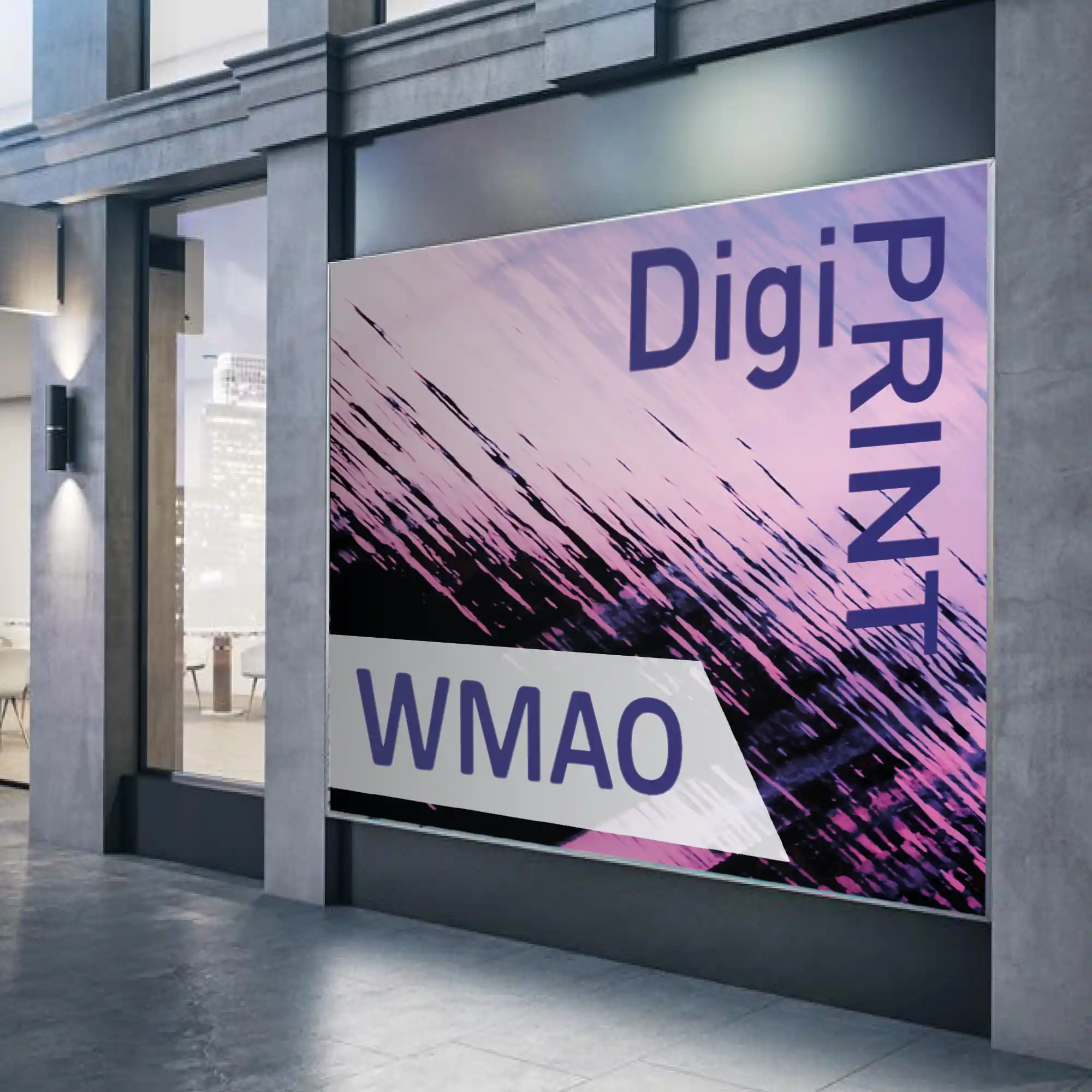 WMAO, from the DP4 DigiPRINT series of self-adhesive wide-format printed retail and promotional signage print vinyls has a white matt finish and uses an air-free grey opaque adhesive for bubble-free application and minimal show-thru of the substrate behind - used here to promote itself it is stuck onto an external flat surface sign board in a High Street retail environment.