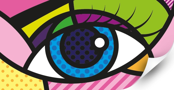 DigiSOL monomeric self-adhesive print vinyls for coverall prints, and print & cut applications product brand group image: a bright, colourful pop-art style close up of a human eye peering out.