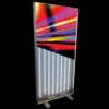 A silver framed tension display lightbox frame shown facing forward with the left-hand corner slightly more in the forefront with the lights on inside, and a bright red, yellow and black stripey blur image printedon the Speedy 911-11 fabric which has been installed only at the top of the display frame so the backlit lighting system can be seen clearly inside the bottom half of the frame.