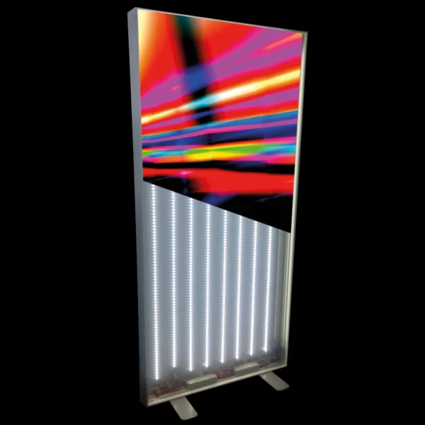 A silver framed tension display lightbox frame shown facing forward with the left-hand corner slightly more in the forefront with the lights on inside, and a bright red, yellow and black stripey blur image printedon the Speedy 911-11 fabric which has been installed only at the top of the display frame so the backlit lighting system can be seen clearly inside the bottom half of the frame.
