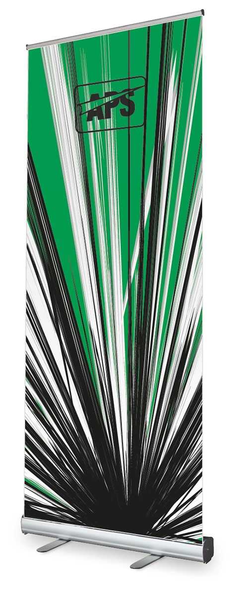 DISPLAYFAB non-PVC roll-up banner media printed with a vibrant green and black line-work explosion with rays of green, black and white shining out from the centre of the printed graphic, held up in a silver pull-up display banner stand.