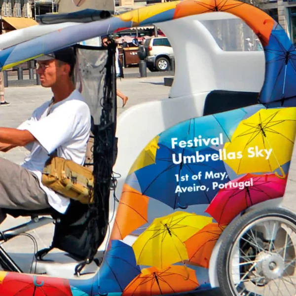 Avery Dennison DOL 2470 digital print laminate with a Lustre finish offers a slightly different and more unique look to the printed promotional advertising graphics that have been applied to a rickshaw as it is driven around a busy city centre.