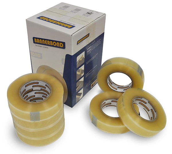 Bannerbond GM-740 double sided banner sign tape bulk packaging printed with the Bannerbond branding and the box contents of 7 loose reels are surrounding it.