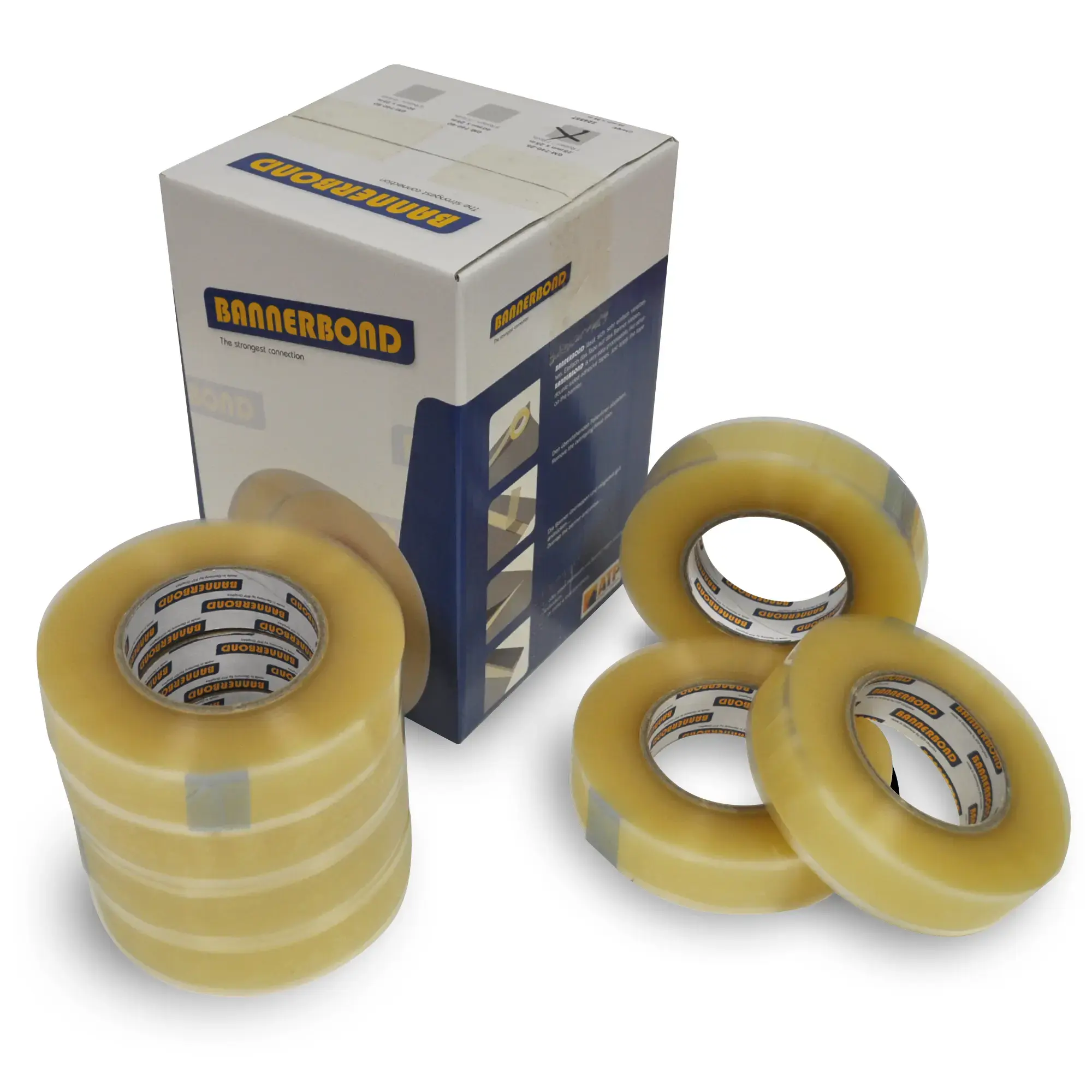 Bannerbond GM-740 double sided banner sign tape bulk packaging printed with the Bannerbond branding and the box contents of 7 loose reels are surrounding it.
