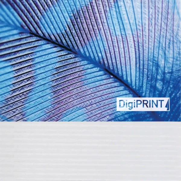 Close-up view of DigiPRINT E440 banner media, with a sample showcasing the smooth bright matt white scrim finish, with close-up printed and unprinted detail of the smooth scrim pattern.