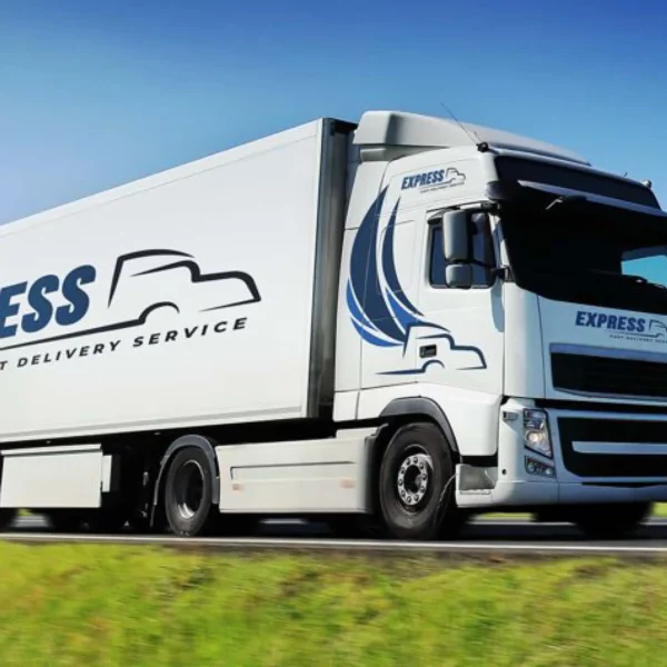 Fedrioni P800 cut-vinyl sign vinyls decorating the flat sides of an Express haulage company-branded truck livery, using light blue, dark blue and black coloured self-adhesive cutout films.