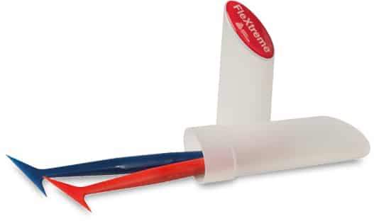 Flextreme squeegees in red and blue colours, two finger held micro-squeegees that are specifically designed for vinyl graphic applications into hard to reach and intricate areas of vinyl applications on vehicles.
