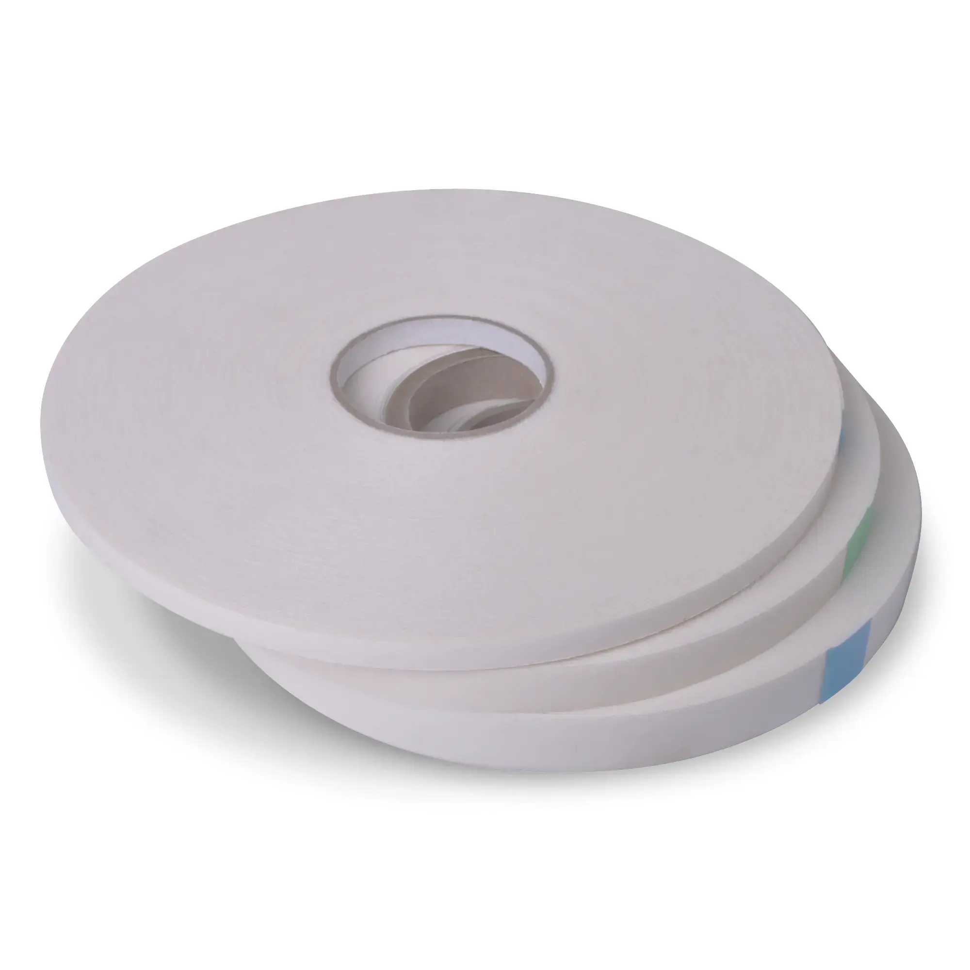 1mm thick PE foam double-sided sign tapes with 3 white reels stacked, showing the different tape widths of 12mm, 19mm and 25mm. A horizontal stack with the outer ends taped to keep the reels firmly in a circlular shape on each individual wheel to stop the white foam tape from unravelling.