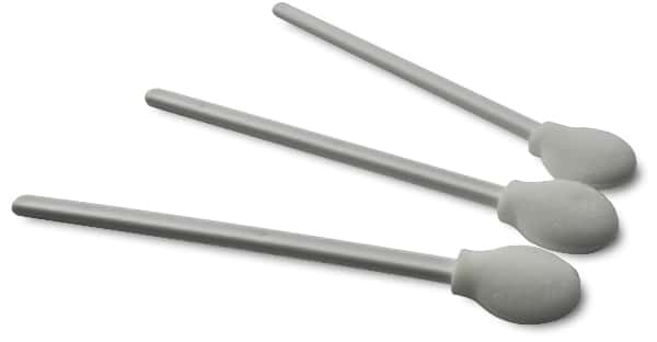 3 round headed foam tip cleaning swabs with white plastic handles and a large round white foam head are arranged in a semi-circle with the large heads pointing to the right of the photo.