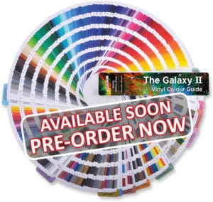 The GALAXY II vinyl colour guide Available in 2020 - PRE ORDER NOW! Exclusive to All Print Supplies the coloured vinyls swatch guide is fanned out in a full circle showing all the CAD vinyls colours in our ranges.