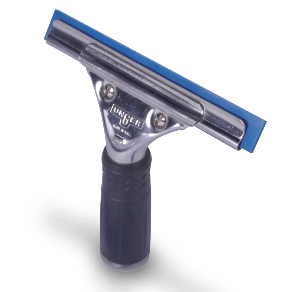 GT020 window squeegee tool, a chrome construction with a black hand grip and blue rubber refill strip inserted. This tool also shows the "Unger" log branding embossed into the metal work of the squeegee grip.