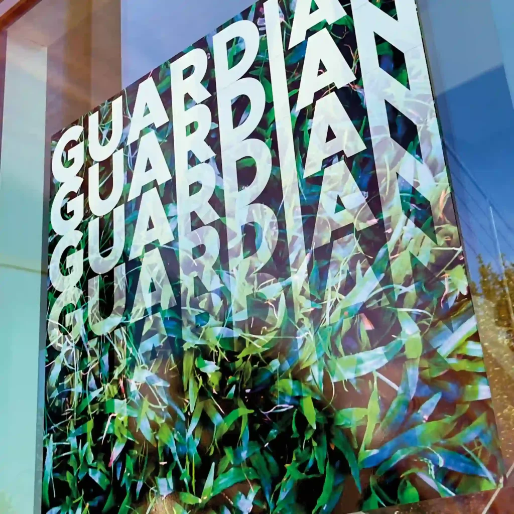 Guardian non pvc print film matt white polypropylene self-adhesive PP film printed with promotional graphics and applied to a window. For wide format latex and UV printers.