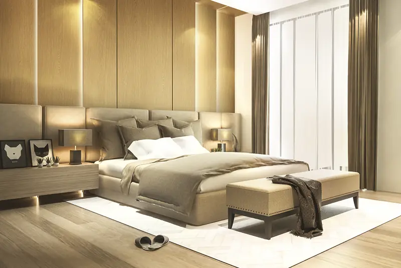 A classic wood interior finish applied to bedroom walls and furniture to refurbish this hotel room, bring the room back to life with the bright and airy colours and textures.