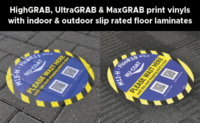 Indoor and outdoor floor graphicd media for print films and slip rated laminates in permanent, HighGRAB, UltraGRAB and MaxGRAB adhesive options suitable for applications onto a wide variety of different floor surfaces.