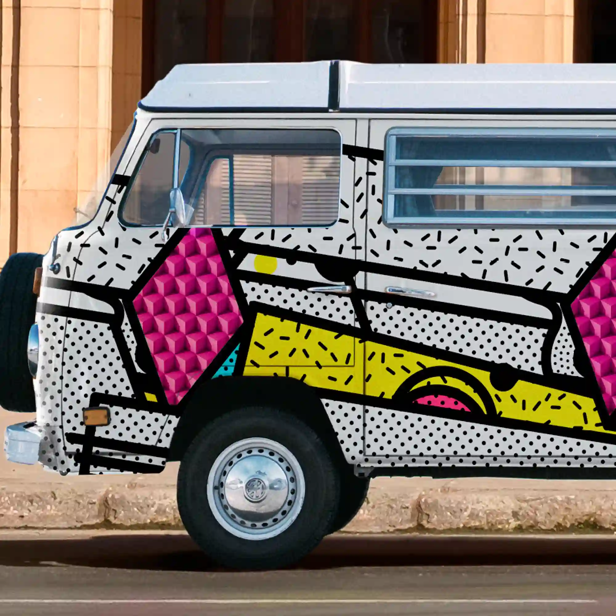 Mactac JT 9500 WG-BFG for self-adhesive graphics for applications onto flat and slightly curved surfaces features a bubble-free adhesive for faster application without bubbles trapped under the film. APplied here with a printed pop-art style design onto the side panels of a camper van.