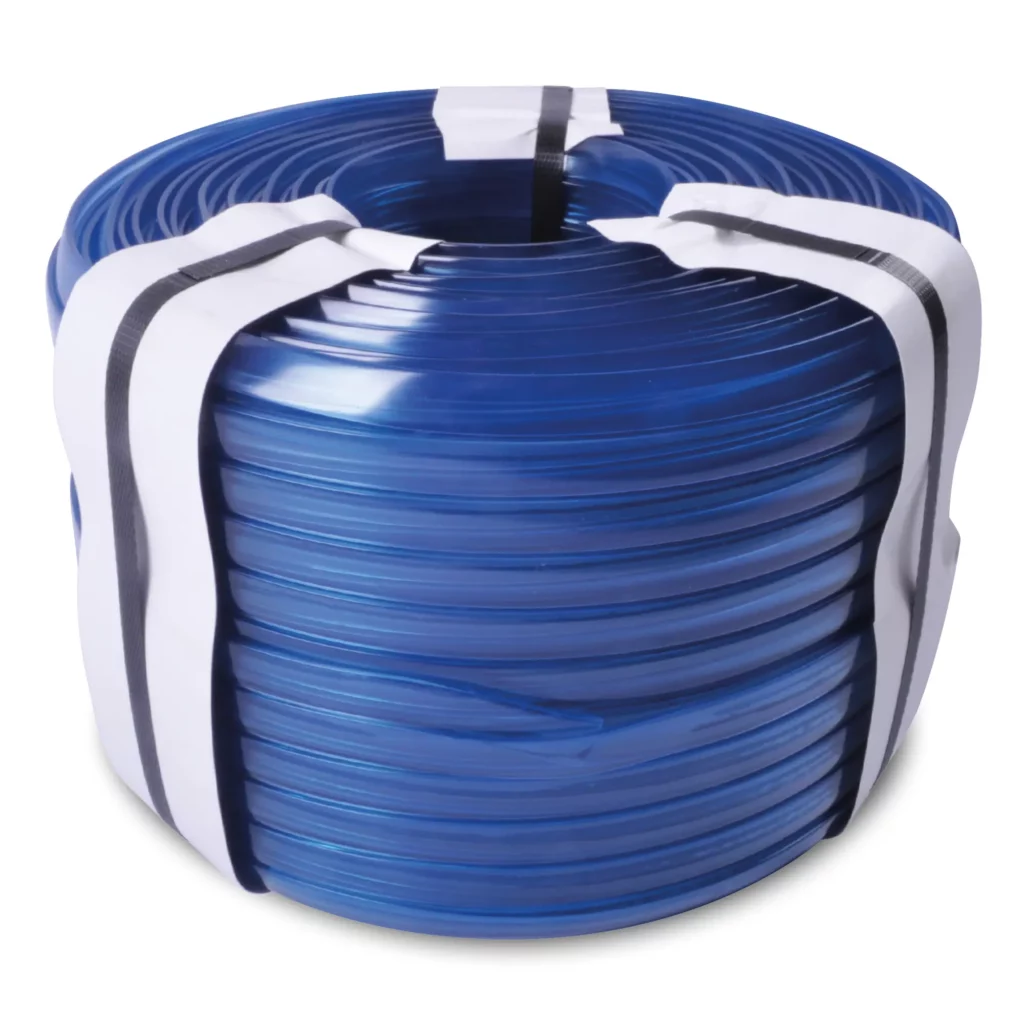 Blue keder lip PVC stitch on tape for fabric tension display frames reeled neatly in its drum packaging with protective straps.
