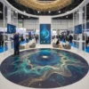 Kernow EventSharK printed one part floor graphic, with a gold and blue swirling line pattern decorating the floor of a modern exhibition entry point.