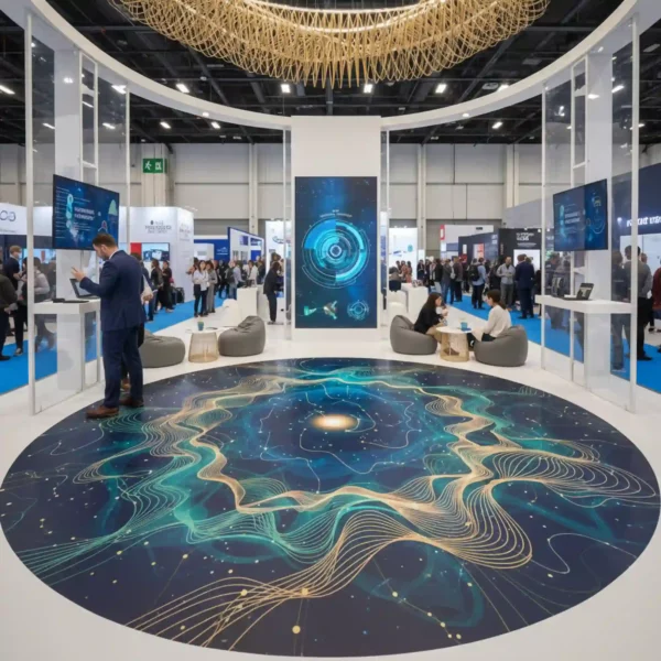 Kernow EventSharK printed one part floor graphic, with a gold and blue swirling line pattern decorating the floor of a modern exhibition entry point.
