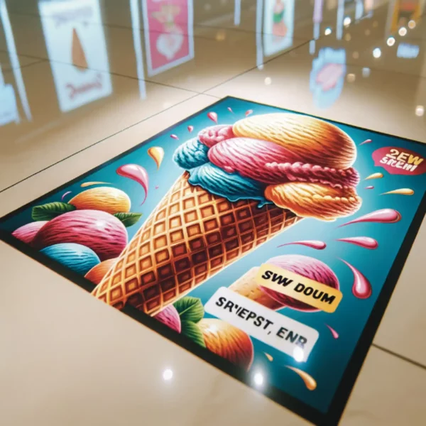 Kernow FloorSharK internal floor graphic printed with a large graphic image of a tasty looking ice cream cone filled with blue, pink and creamy coloured ice creams... yummy!