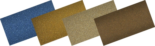 KPMF K70900 Series opaque metallic sign vinyls have been fanned across showing 4 glitter metallic colours, from left to right: K70963 Light Blue, K70935 Sahara Gold, K70936 Summer Gold and K70937 Bronze.