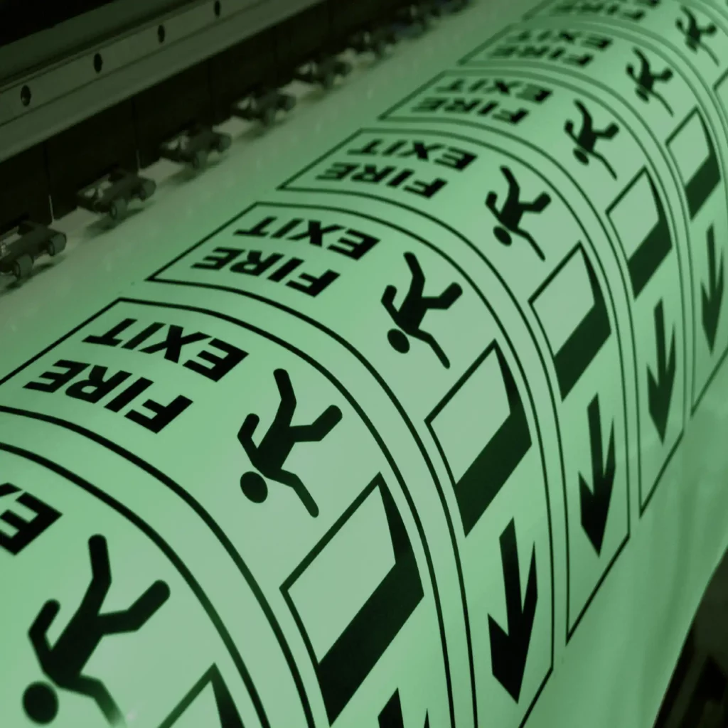 KPMF K74111 Green 'glow in the dark' self-adhesive sign vinyl luminescing in the dark as it is printed with a row of 'Fire Exit' directional signage.