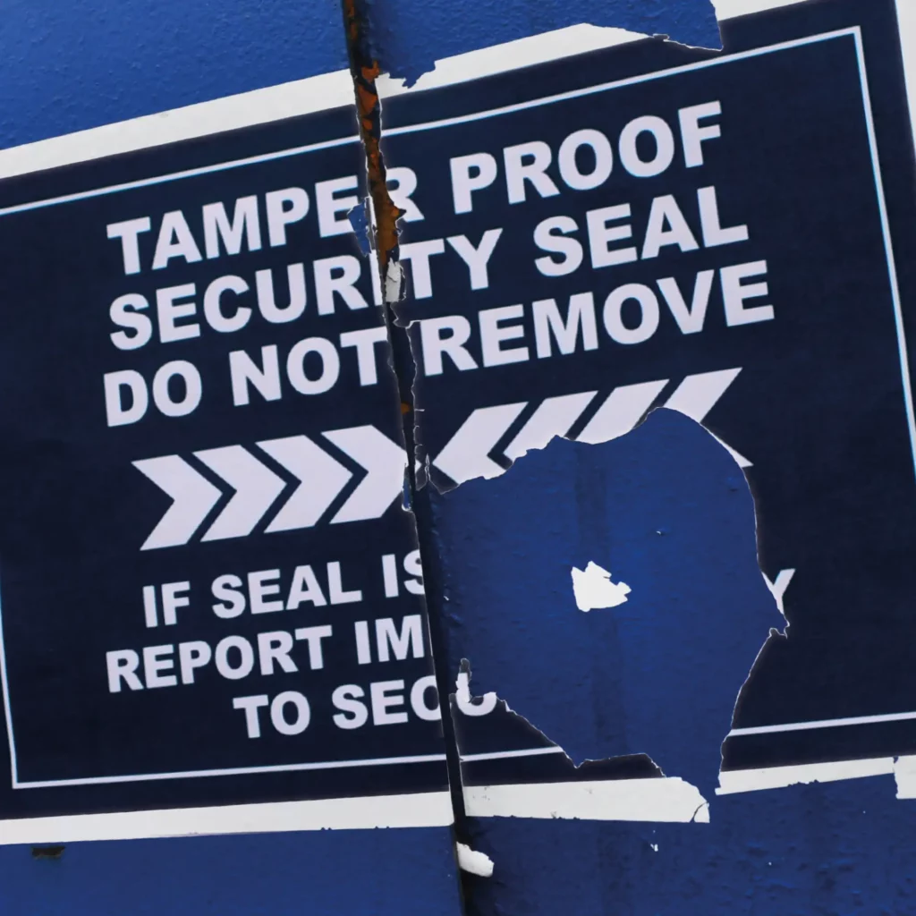 KPMF K74500 ultra-destruct safety film used to identify broken seals for tamper evident stickers and labels, showing in this photo a printed label that has been applied across the openng of a blue door with the seal obviously shattered for easy id to highlight tamper-proofing on areas requiring a security seal.