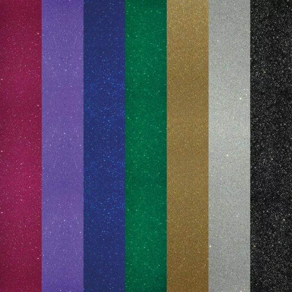 KPMF K75100 Opaque Glitter Series of cast sign vinyls lined up in a row to show all 7 of the metal flaked coloured sign films in this range. Colour samples shown, from left to right: K75152 Pink Glitter, K75157 Lilac Glitter, K75156 Dark Blue Glitter, K75153 Forest Green Glitter, K75159 Gold Glitter, K75158 Silver Glitter and K75150 Black Glitter.