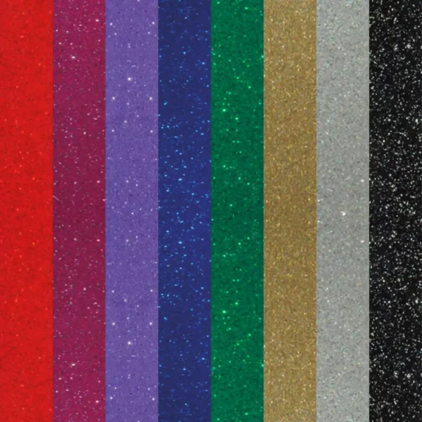 KPMF K75100 Opaque Glitter Series of cast sign vinyls lined up in a row to show all 8 of the metal flaked coloured sign films in this range. Colour samples shown, from left to right: K75151 Red Glitter, K75152 Pink Glitter, K75157 Lilac Glitter, K75156 Dark Blue Glitter, K75153 Forest Green Glitter, K75159 Gold Glitter, K75158 Silver Glitter and K75150 Black Glitter.